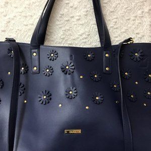 Iman Navy Blue w/ Flower Embellishments Tote with Gold Trim